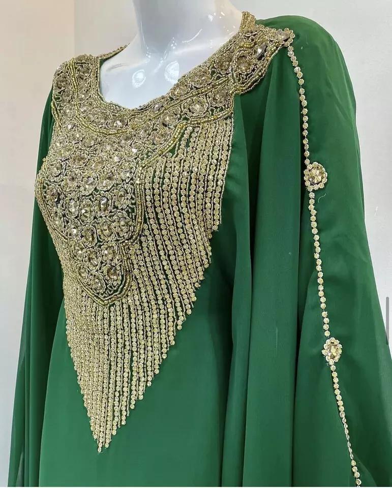 Стильное зеленое платье из жоржета. Исламский кафтан Дубай Фараша Марокканская Абая.