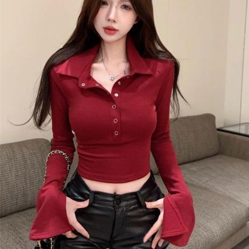 Футболка во французском пригородном стиле, женская модная полуоткрытая шея, расклешенная футболка с длинными рукавами, однотонный низ, осенне-зимний короткий топ