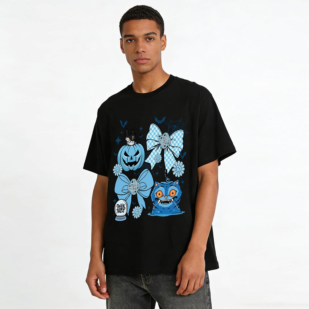 Halloween Fun Blue Element Print Top Spooky Pumpkin Cat Bow Festival Casual T-Shirt Pure cotton T-shirt