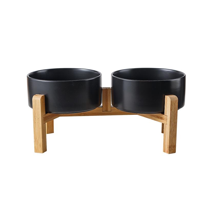 Ceramic Salad & Noodle Bowl Set with Wooden Stand - Black