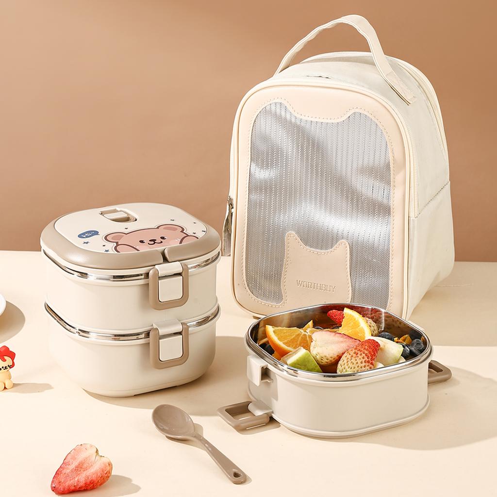 WORTHBUY Portable Food Storage Box Multi Layer Fruit Vegetable Storage Container 304 Stainless Steel Bento Lunch Box With Spoon