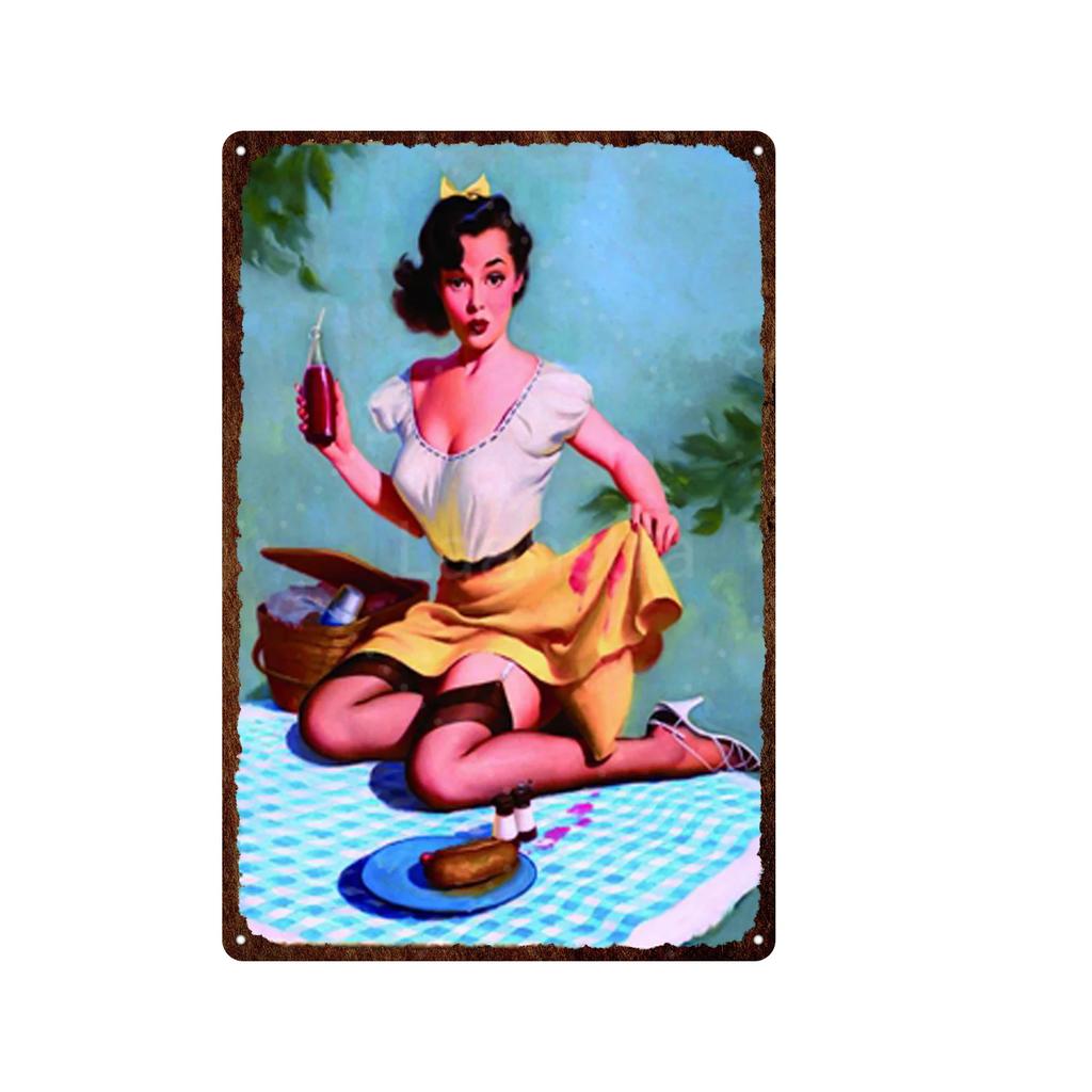 Жестяная картина Элегантная девушка пин-ап Ретро постеры Жестяная табличка Металлическая табличка Декор Стена Женский портрет Бар Паб Клуб Мужская пещера Картинки