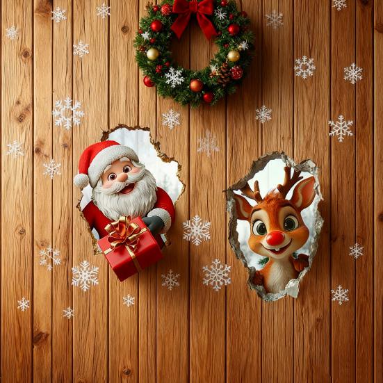 Рождественская наклейка на стену Реалистичная самоклеящаяся наклейка на стену Санта-Клаус 3D визуальный эффект Мультяшная наклейка с лосем для стен Домашний декор для гостиной, игровой комнаты