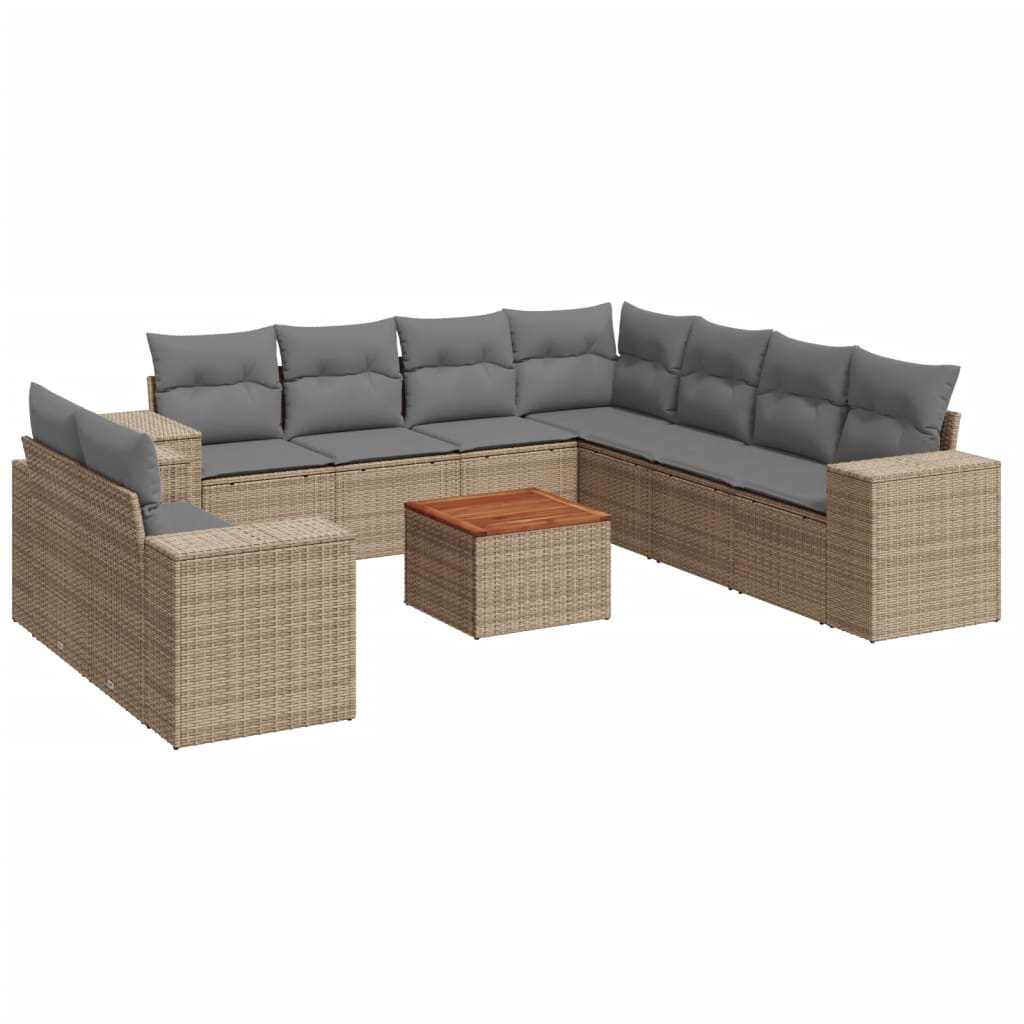 10 piece Garden Sofa Set with Cushions Beige Poly Rattan