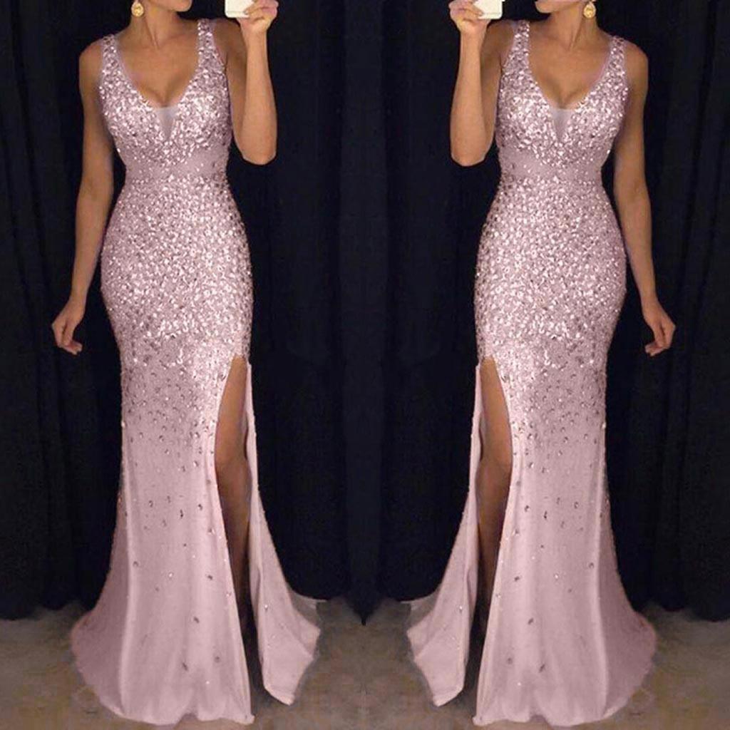 High Slit Dress Women Sequin Prom Party Elegant Lady Backless Sexy Dress Ladies Gold Elegant Bridesmaid V Neck Long Dress