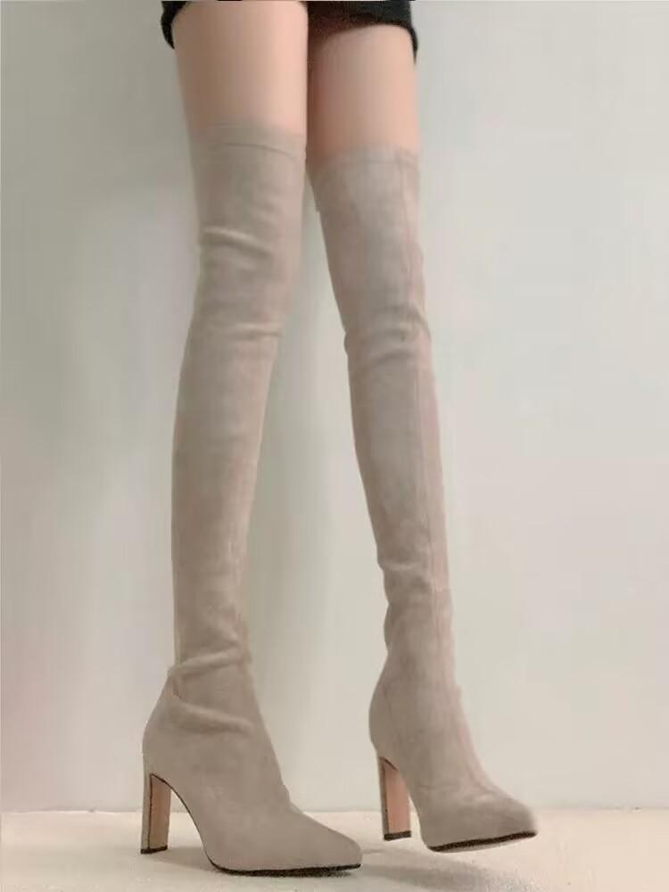 Осень и зима новые женские полусапожки на среднем каблуке однотонные на толстом каблуке остроносые тонкие сапоги до колена эластичные сапоги детские