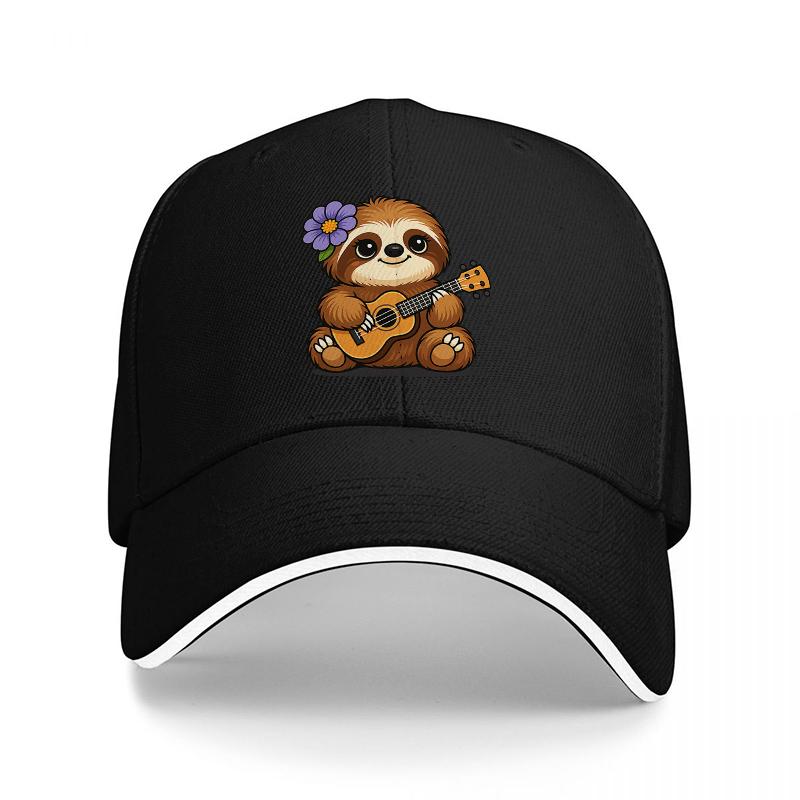 Sloth Playing Ukulele Baseball Cap with Floral Design Black Adjustable Hat for Music Lovers and Nature Enthusiasts