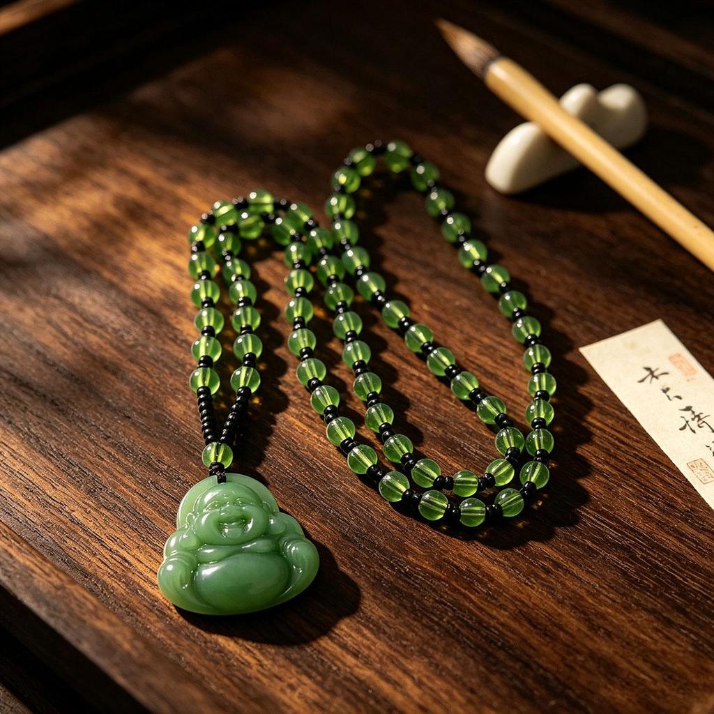 Maitreya Buddha pendant dark green Buddha head men and women Bodhisattva Maitreya Buddha laughing Buddha necklace Buddha pendant sweater chain