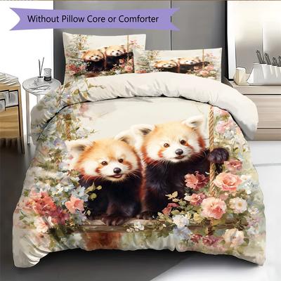 Red Panda and Flowers Pattern Bedding Home Decoration Birthday Gift (1 * Duvet Cover + 2 * Pillowcase, Without Core)