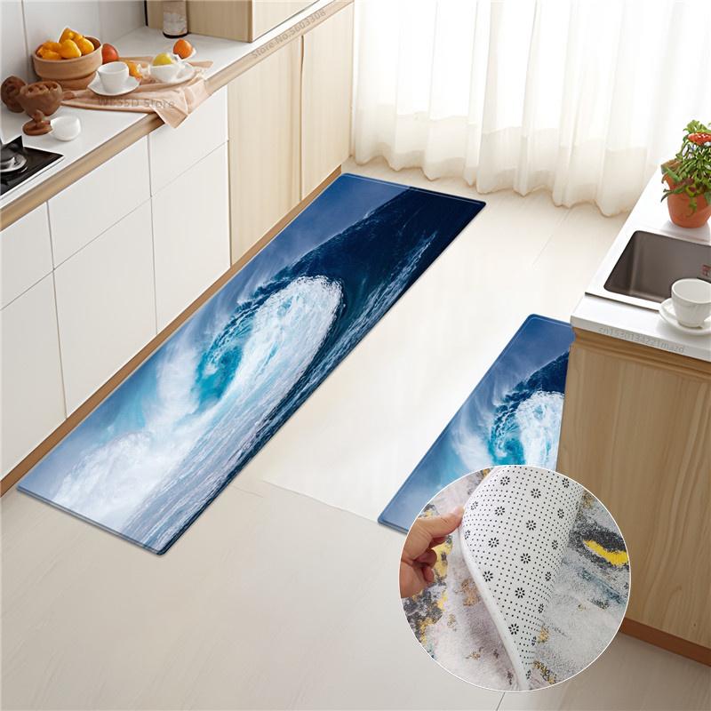 Коврик с волнами в морском стиле для кухни, пол, 3D морской принт, набор кухонных ковриков, губчатый материал, коврик для ванной комнаты, впитывающий нескользящий коврик