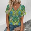 Модная популярная женская футболка с цветочным узором, элегантная женская футболка с V-образным вырезом, женская футболка с коротким рукавом в стиле ретро для отдыха
