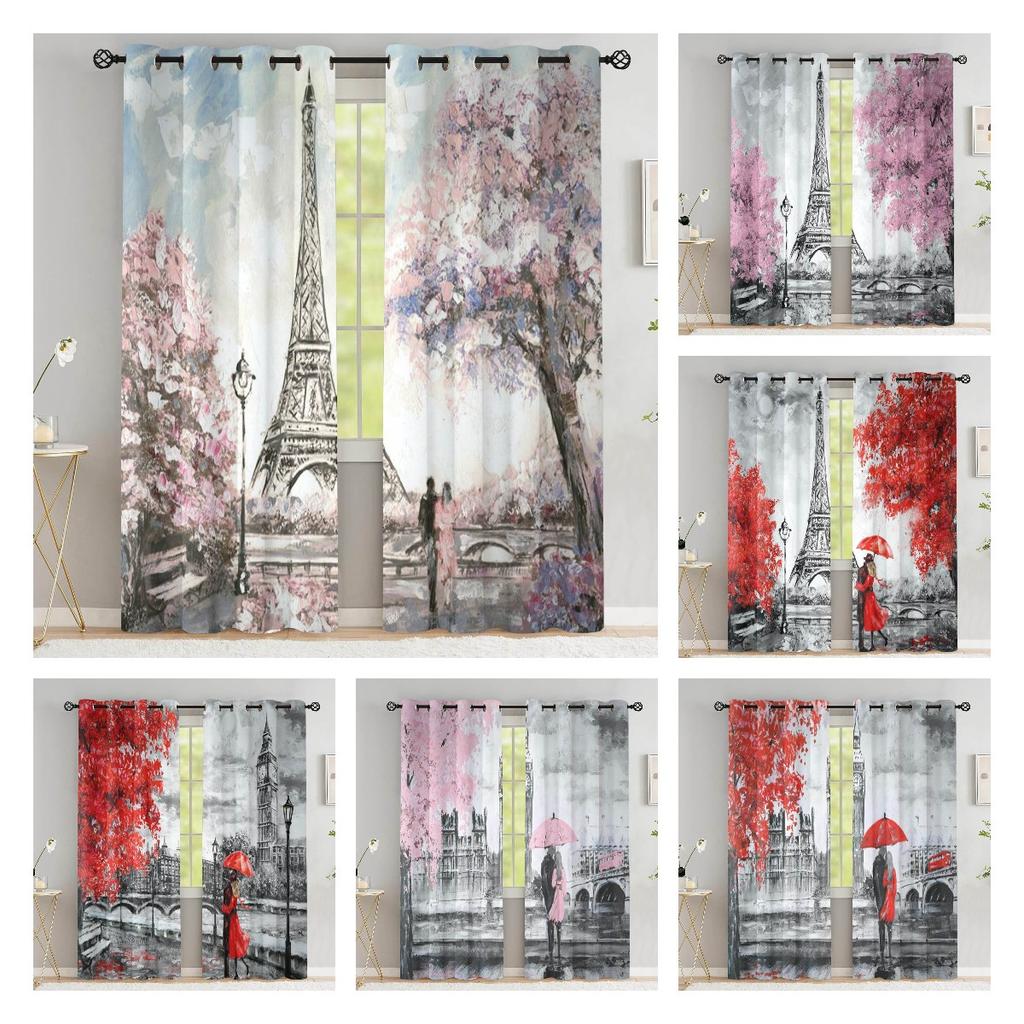 Paris Lover Window Curtain Eiffel Towers Living Room Blackout Curtain For Bedroom Dorm Oil Painting Aesthetic Home Decor 2 Panel
