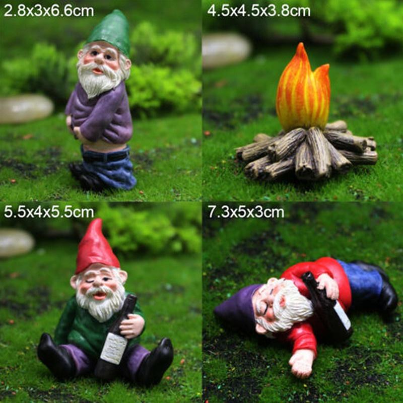 4PCS Fairy Garden Gnomes Accessories My Little Friend Drunk Gnome Dwarfs Statue
