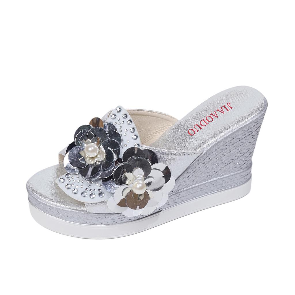 Fashion Women Flower Decor Wedge Sandals Sequins Rhinestone Slip On Open Toe Platform Sandalias Ladies Summer Footwear Sandals Size34 41