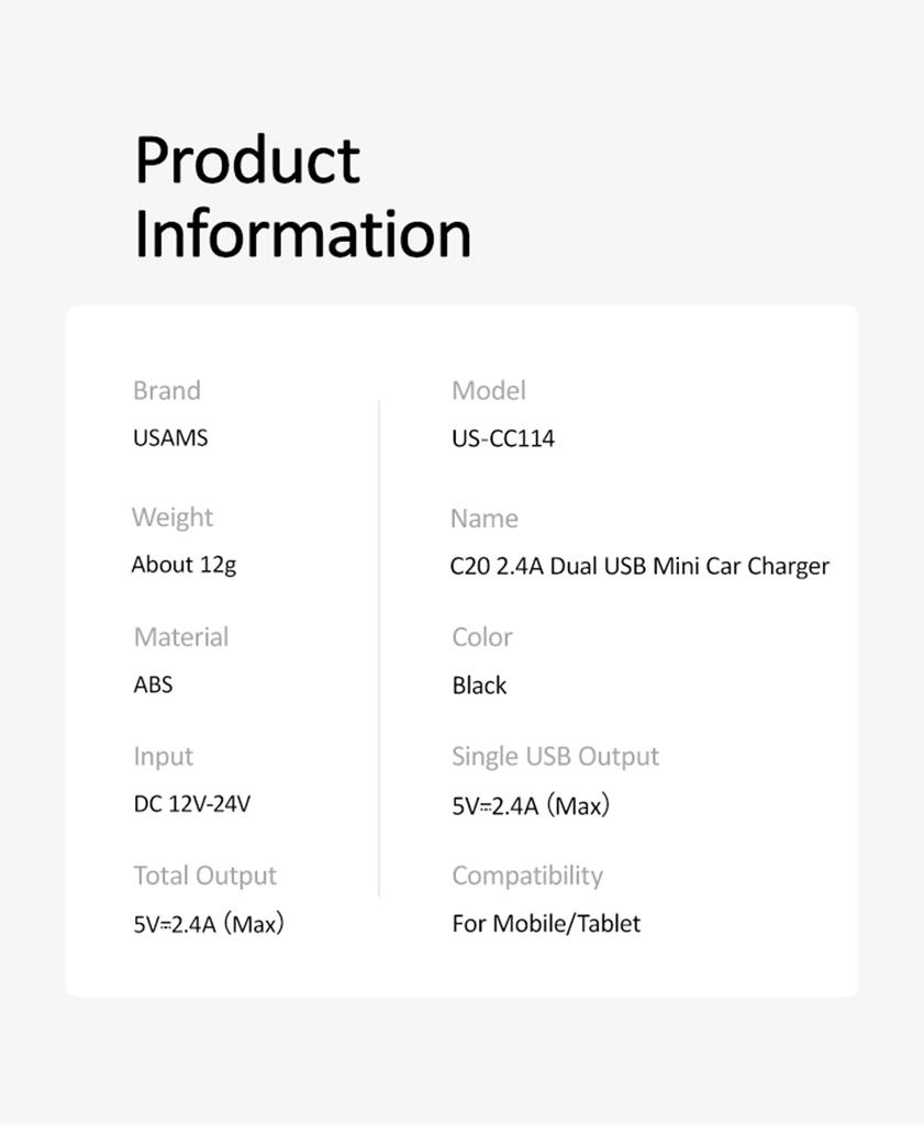 USAMS 2.4A 5V Dual USB Автомобильное зарядное устройство USB 2 порта Адаптер прикуривателя Зарядное устройство Мини-адаптер питания для смартфонов IPhone IPad Huawei Samsung Xiaomi
