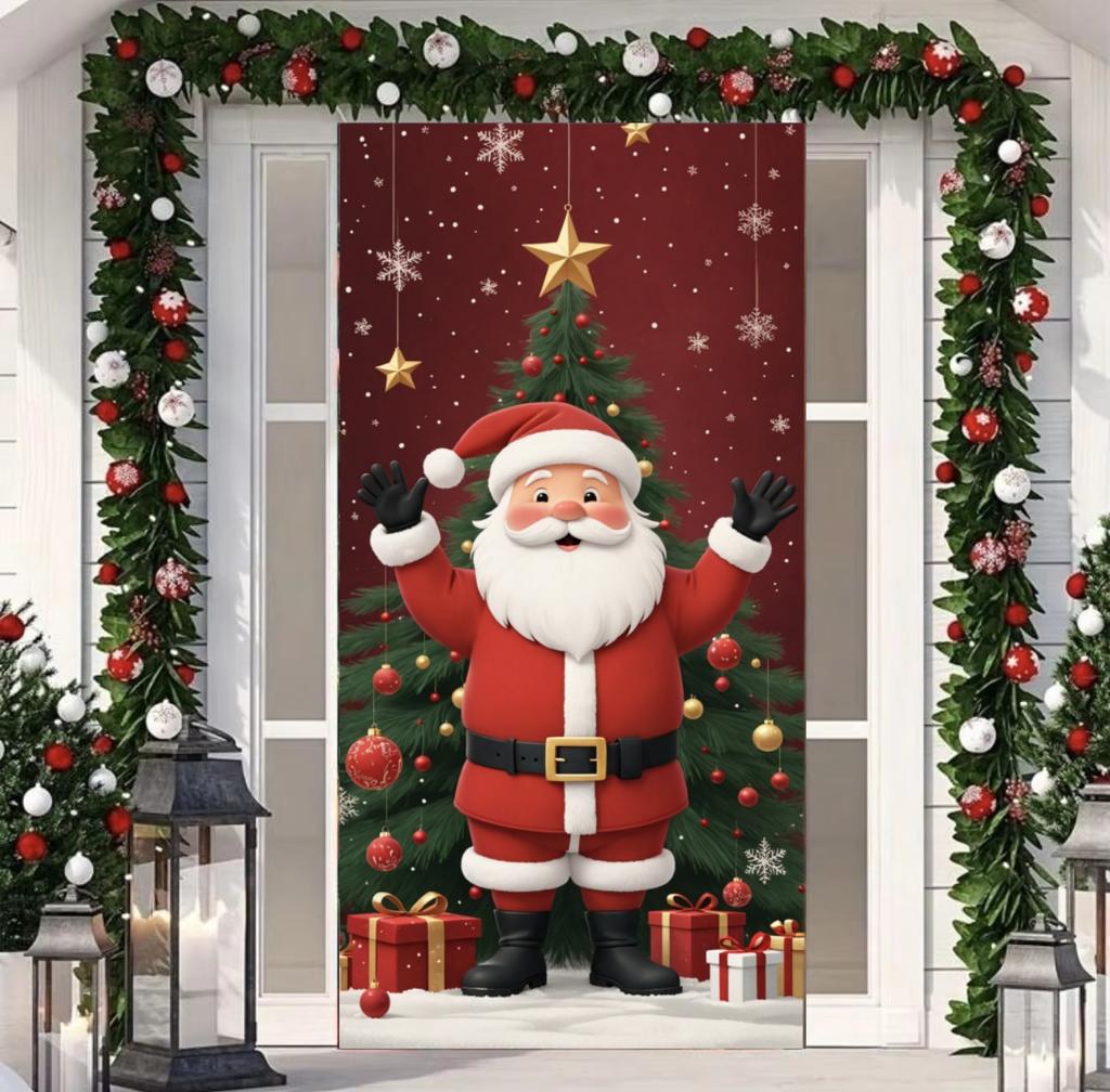 Santa Claus Read Gift List Lining for Christmas Doors Xmas Outdoor Decoration Door Cover for Front Door Home Xmas Party Supplies