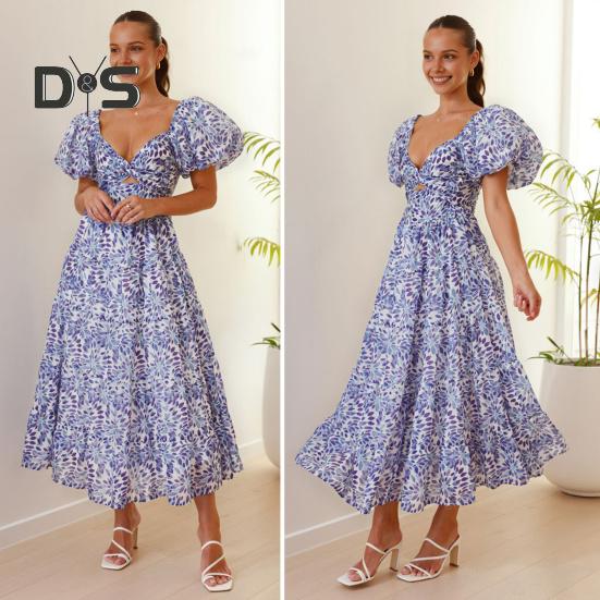 Женское вечернее платье с рукавами-пузырьками и глубоким вырезом с открытыми плечами, красочный принт, трапециевидной формы с большим подолом, лоскутное платье, плиссированное пляжное платье макси для отпуска