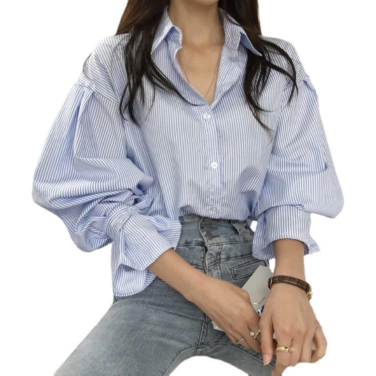 Striped Shirt Female Lantern Long-sleeved Early Spring Chic Blouse Design Sense Niche Retro Temperament Vintage Basic Office Casual Women Shirt