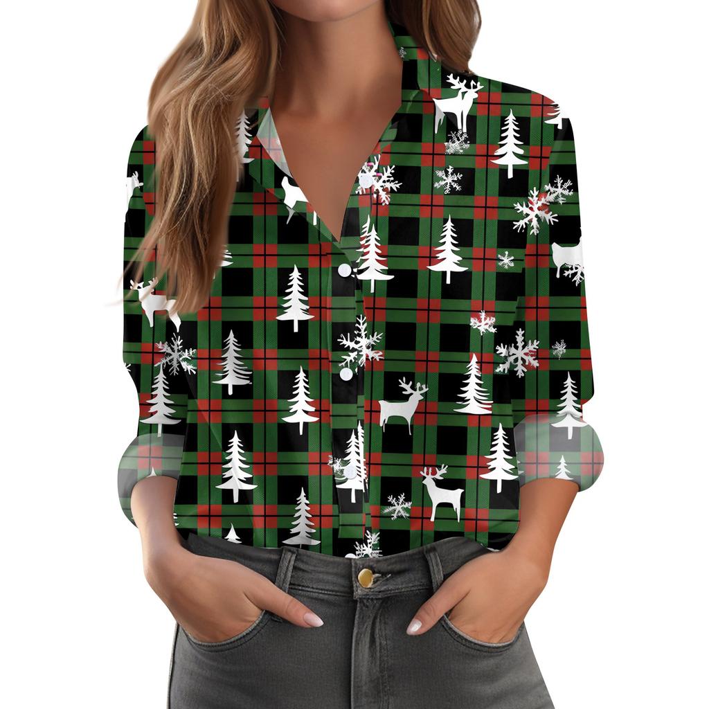 Women's Shirt Blouse Christmas Print Button Long Sleeve Casual Basic Shirt Collar Regular Top