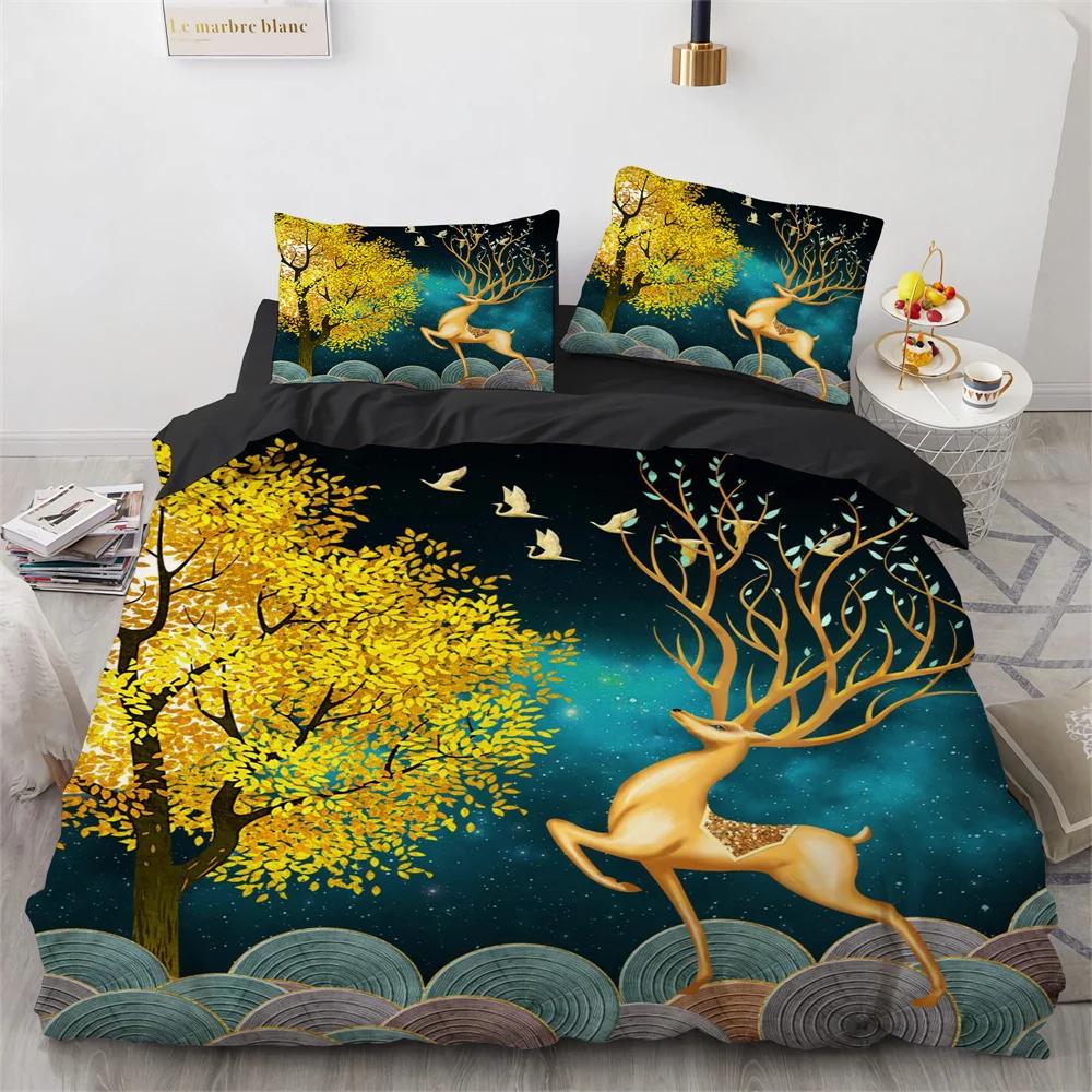 Deer Duvet Cover Set Wild Animals Flowers Pattern Polyester Bedding Set King Twin Full Size Comforter Cover For Kids Boys Girls