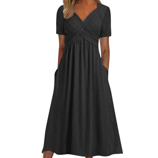 Женское летнее платье с плиссированным ремешком и V-образным вырезом с короткими рукавами, однотонное платье с карманами трапециевидной формы со свободным подолом, дышащее мягкое платье миди для свиданий