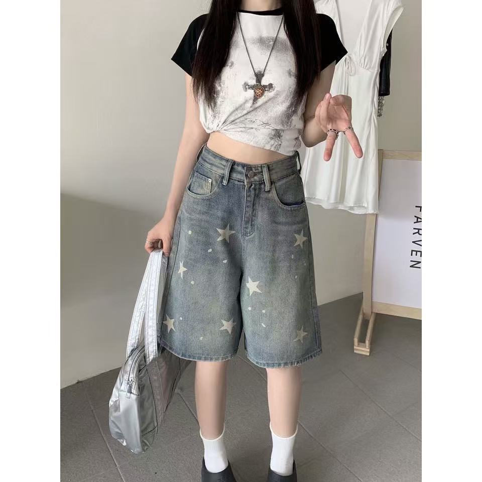 High Waist Loose Wide Leg Star Print Denim Five Point Shorts