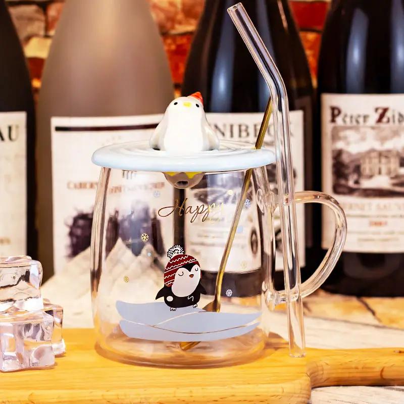 3D Lid Penguin Glass Mug With Spoon Mate Cup of Drinking Cute Mugs Coffee Cups Cup for Tea Glasses for Drinks Mugs Free Shipping