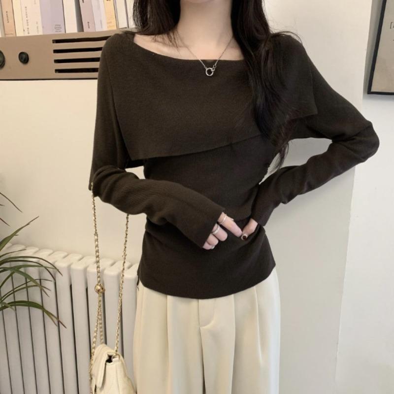 Irregular One-word Shoulder Sweater Women's Spring Slim-fit Babes Top Chic Knitted Bottoming Shirt