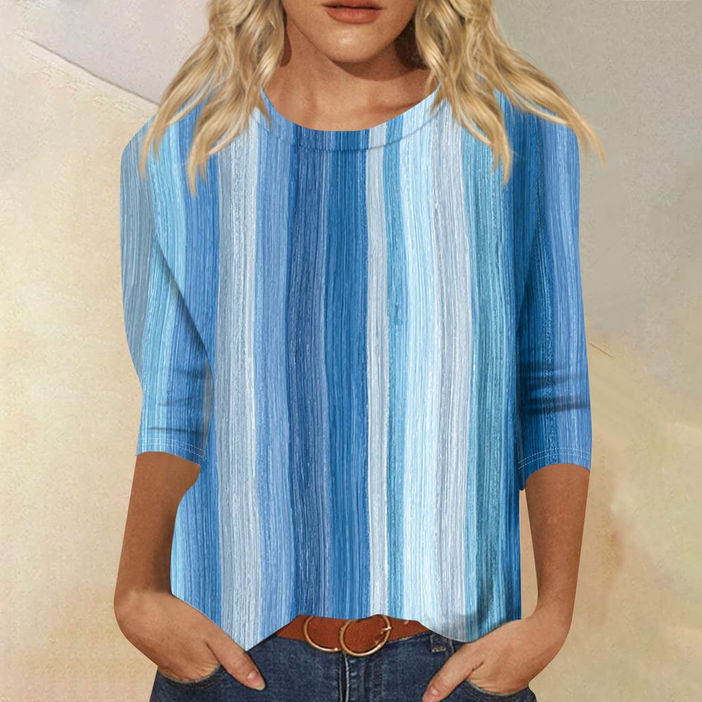 Женская модная повседневная футболка с круглым вырезом, рукавом три четверти и градиентным принтом