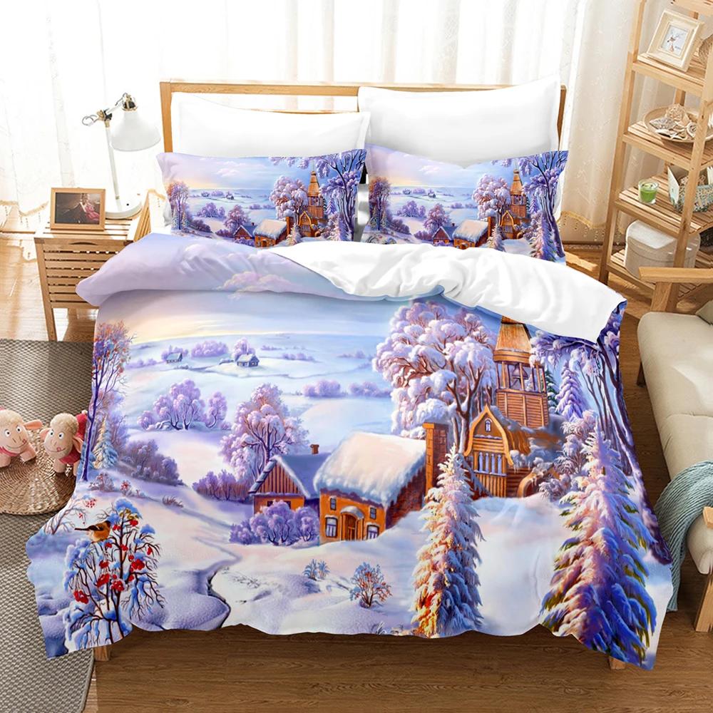 Рождественский комплект пододеяльника Катание на коньках Веселый снеговик Рождественская елка Радостный Декоративный набор постельного белья со снежинками и наволочками