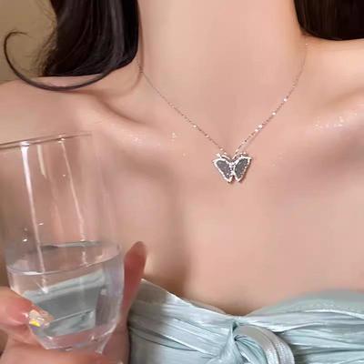 Роскошное китайское ожерелье из ледяного кристалла с бабочкой из циркона: Цепочка для ключицы из титановой стали высшего качества