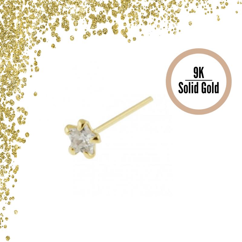 KODY PIERCING 9K Solid Golg Straight Nose Stud Piercing Jewel Adorned With A 3mm CZ Cubic Zirconia Star - Quality Piercing