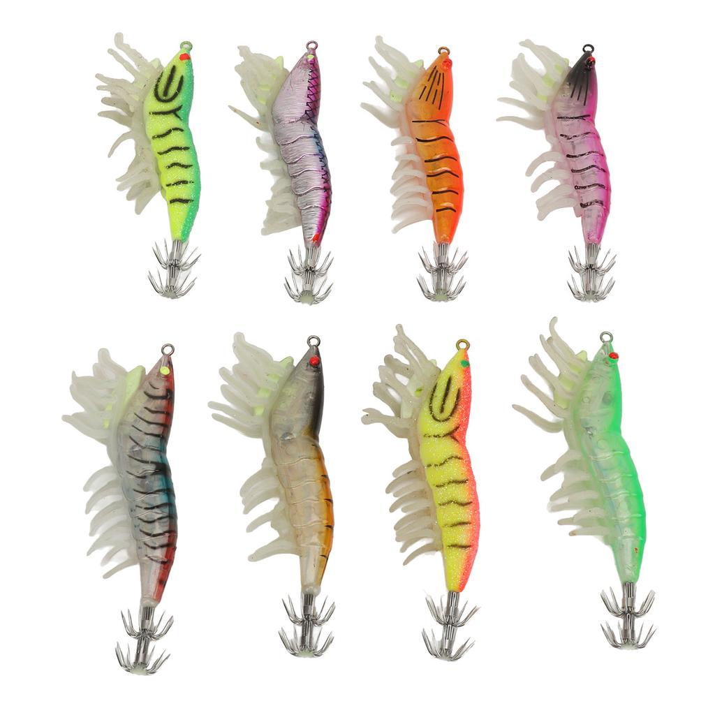 8pcs Shrimp Lures Luminous Silicone Realistic with Sound Beads Shrimp Baits for Squid Octopus 3.5