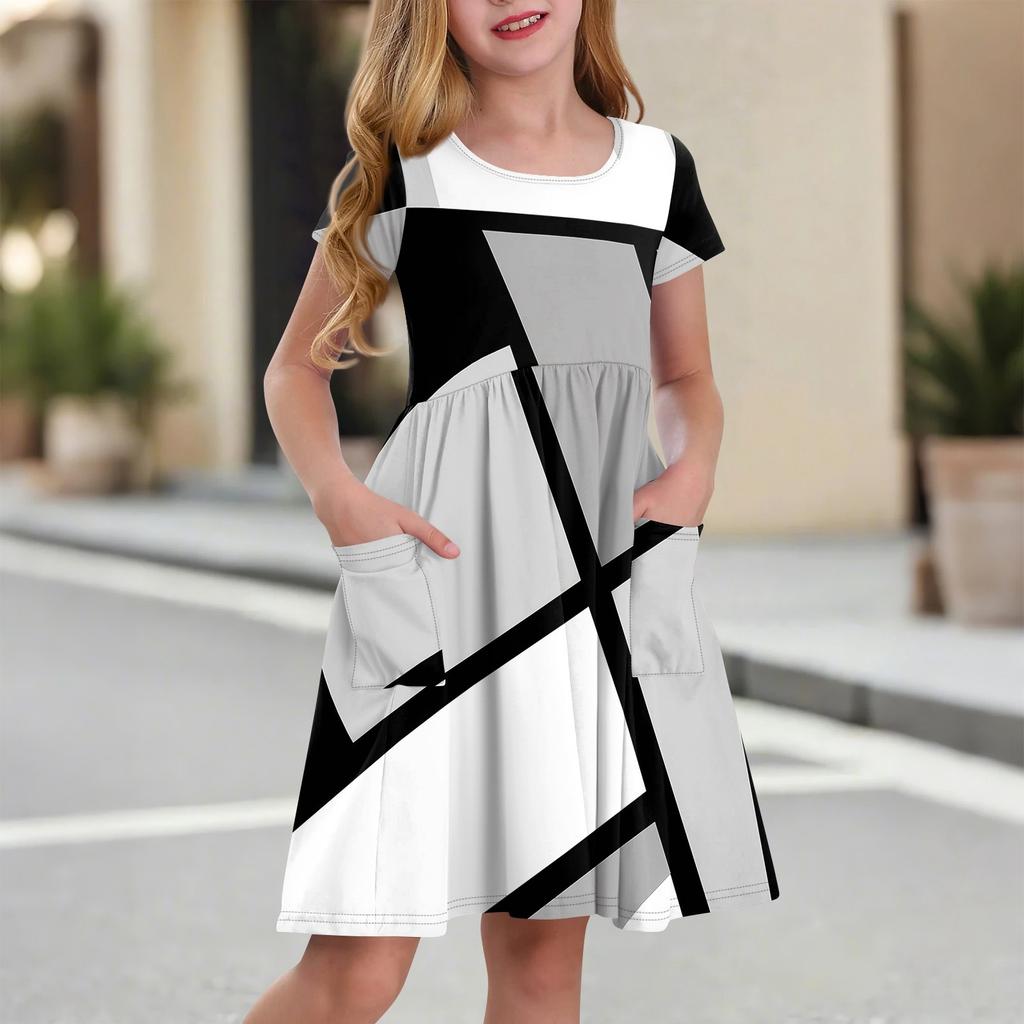 Детская юбка с круглым вырезом и коротким рукавом, платье принцессы, модное повседневное платье с карманами для девочек