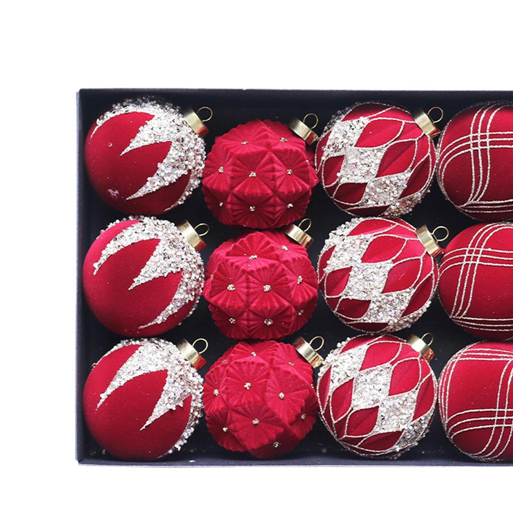 12 Pieces Velvet Christmas Balls Elegant Hanging Baubles Decorative Flocked Xmas Decoration for Party Xmas Tree Holiday Home