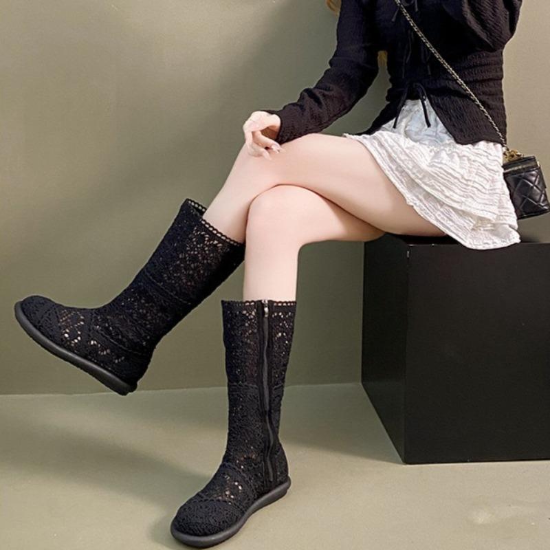 Women's Hollow Out Mesh Boots New Breathable Summer Cool Boots Designer Lace Knee High Boots for Women High Tube Casual Booties