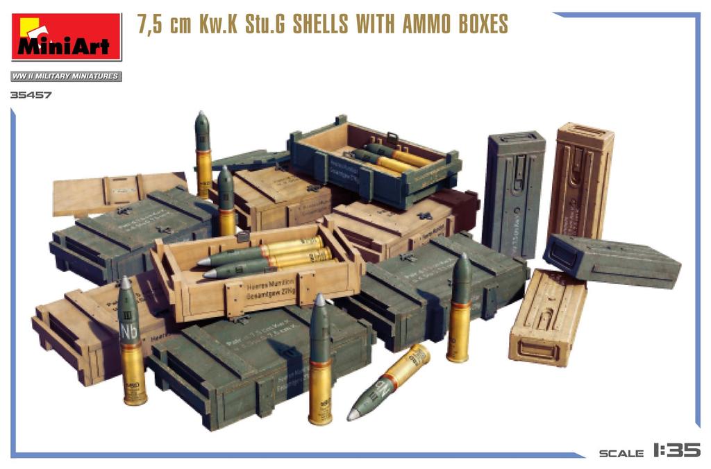 Miniart 1/35 German 7.5 Cm Kw.K Stug III Artillery Shell w/Ammunition Box Plastic Model MA35457