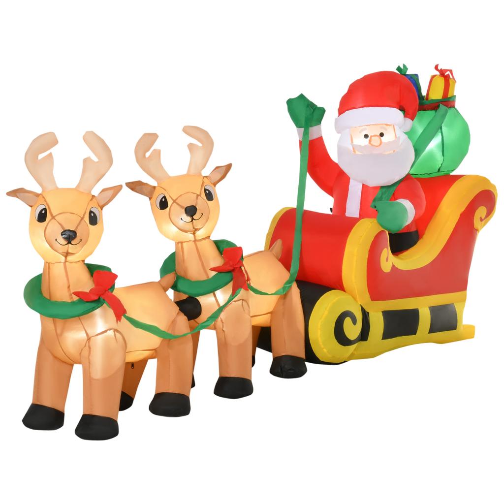 Inflatable LED Santa Claus, dimensions 240L x 57W x 112H cm, with sleigh, reindeer, and hood. 6 LEDs. Waterproof polyester.