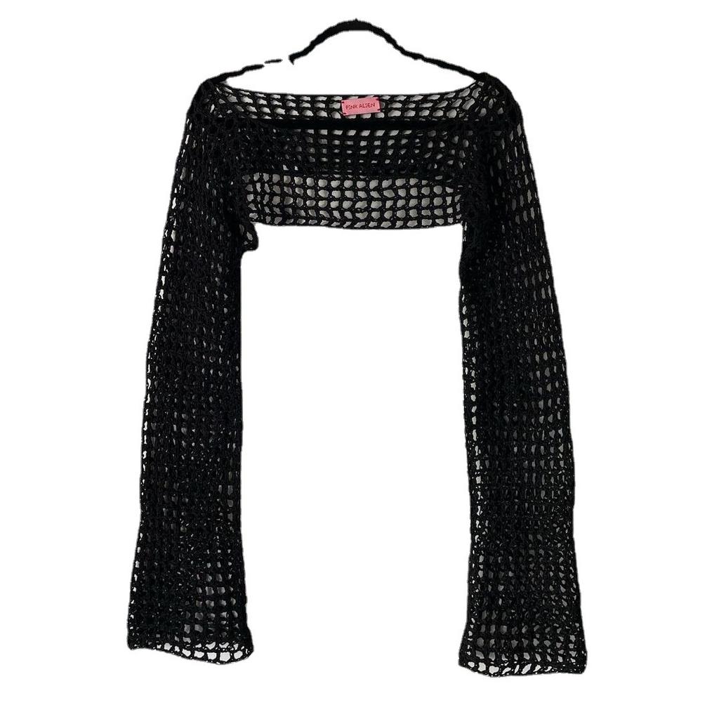 Женские накидки на осень, женский свитер с крючком для рук, повседневный, ультракороткий, расклешенный рукав, сексуальный, сетчатый, накидка