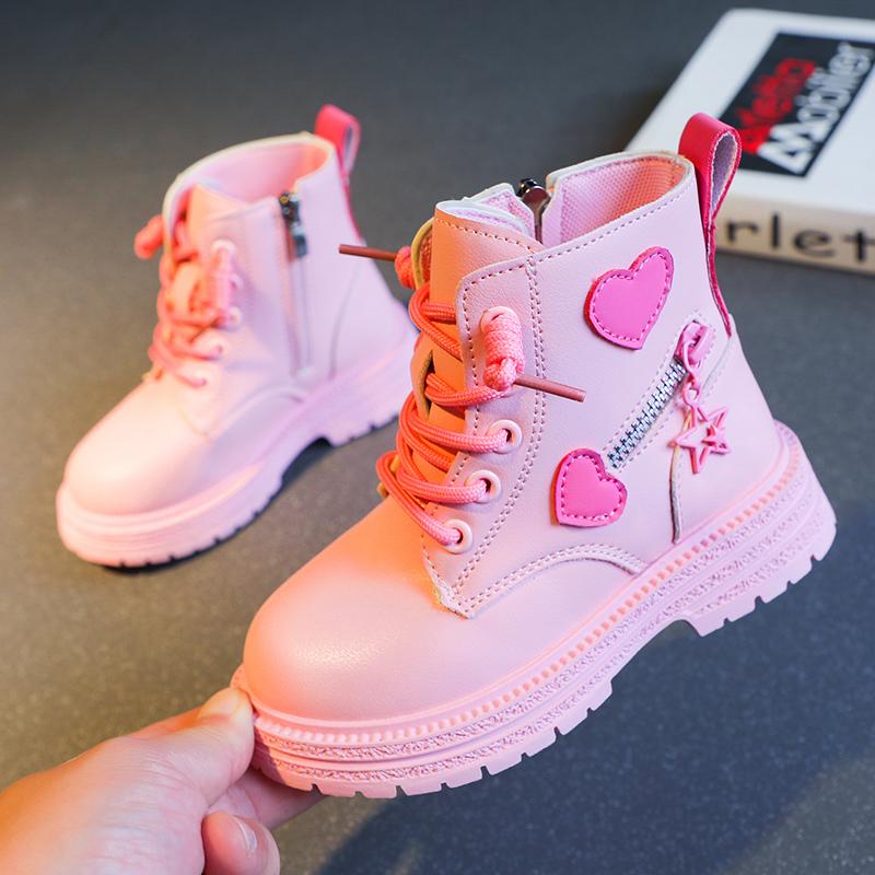 2024 New Pink Sweet Girls Short Boots Zipper PU Kids Fashion Causal Shoes Autumn Winter Versatile Soft Princess Black Child Shoe
