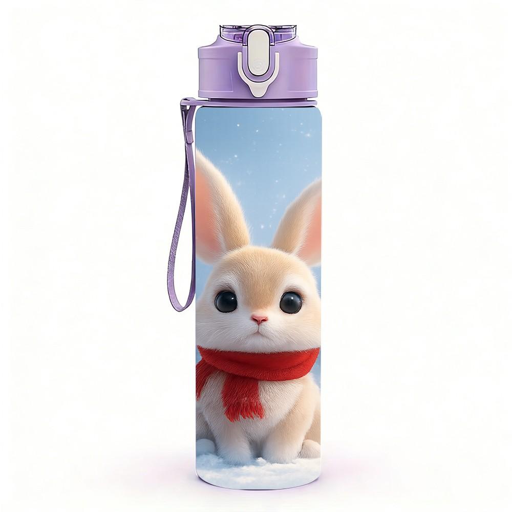 1PC White Rabbit Red Scarf Winter Print 750ml Color Plastic Sports Water Bottle Leakproof Flip Straw Lid Suitable for Sports Office Home Use