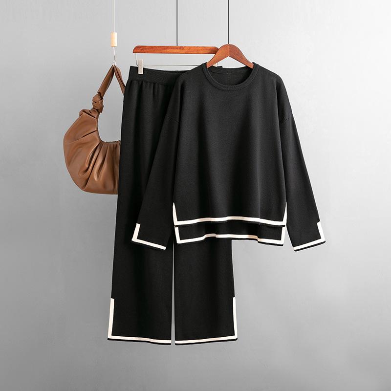 Осенне-зимний женский вязаный свитер, комплект, темпераментный цветной коллизион, топ с длинными рукавами и высокой талией, широкие брюки, две части