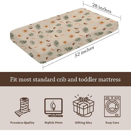 Летний Пальма Кокос Солнце Листья Узор Детские Простыни для Кроватки, Унисекс Летняя Тема Детская Простыня на Резинке для Мальчиков Девочек Стандартная Кроватка и Малыш