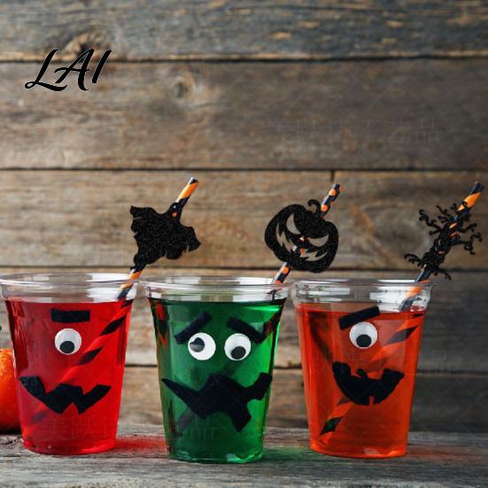 Paper Straws for Parties 9 Pcs Halloween Straws Glitter Pumpkin Bat Witch Ghost Cat Drinking Creative Accessories Straw Black White Stripe