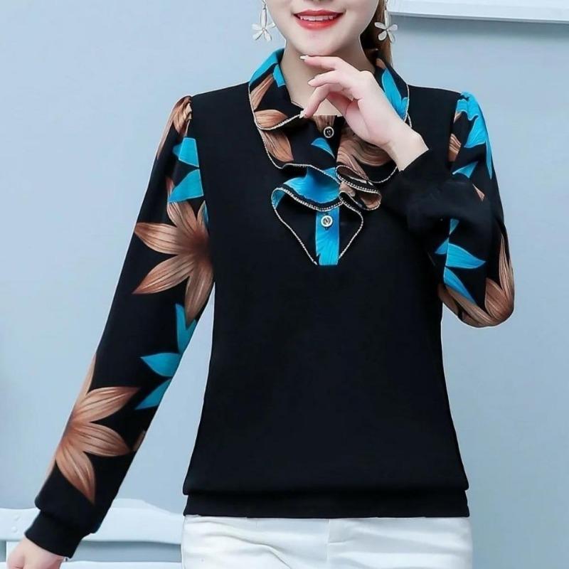 Spring and Autumn New Women's Lapel Loose T-shirt Women's Fashionable Mom Long-Sleeved Thin Style Bottoming Shirt
