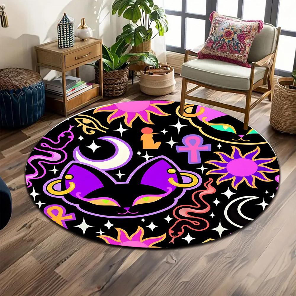 Mystical Cat with Suns and Moons Print round rug, living room, bedroom, playroom carpet, non slip floor mat, gift