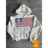 Американская мода уличная одежда готический флаг стразы вышитая молния толстовка с капюшоном Y2k сращивание большой свободный хлопковый свитшот