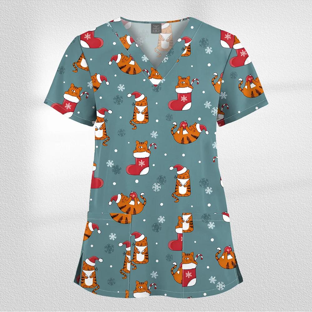 Women Working Uniform Cartoon Animal Print Short Sleeve V-neck T-shirt Tops Femme Blouse Nurse Work Wear Size XXS-6XL