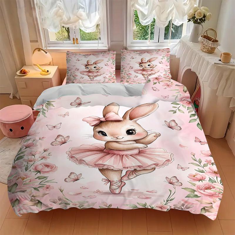 Bunny Ballerina Pink Flowers Print 3Pcs Bedding Setduvet Cover With 2 Bedropillowcase Home Birthday Gift