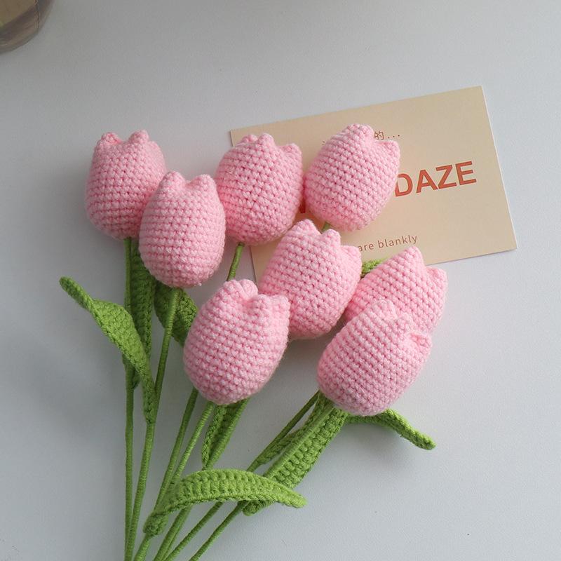 Handmade Crochet Tulip Bouquet Artificial Flower DIY Gift for Mother Teacher BirthdayGraduation Valentine Home Decor Accessories